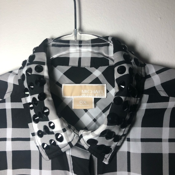 Michael Kors Blouse Plaid Rhinestone Size 0X Sheer Button Up Sleeves Western - Picture 6 of 10